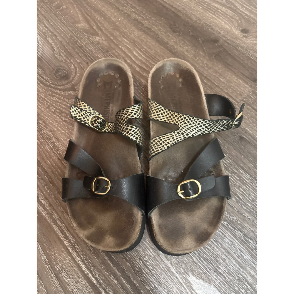 Mephisto Black Gold Snakeskin Leather Buckle Slide Sandals Womens 39